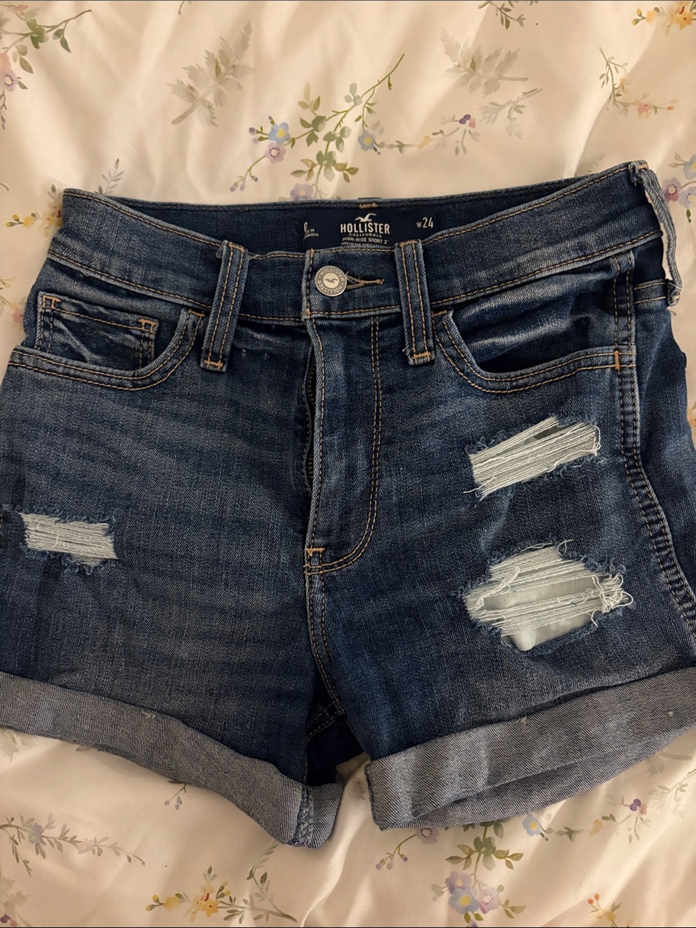 Hollister Medium Blue Distressed Denim Roll-Cuff Shorts